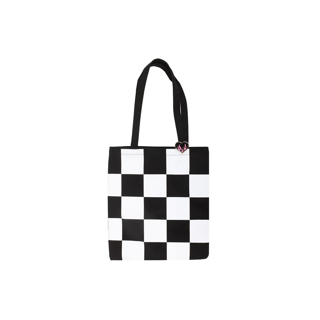 Checkerboard Print Polycotton Tote Bag with Enamel Heart Pin Badge