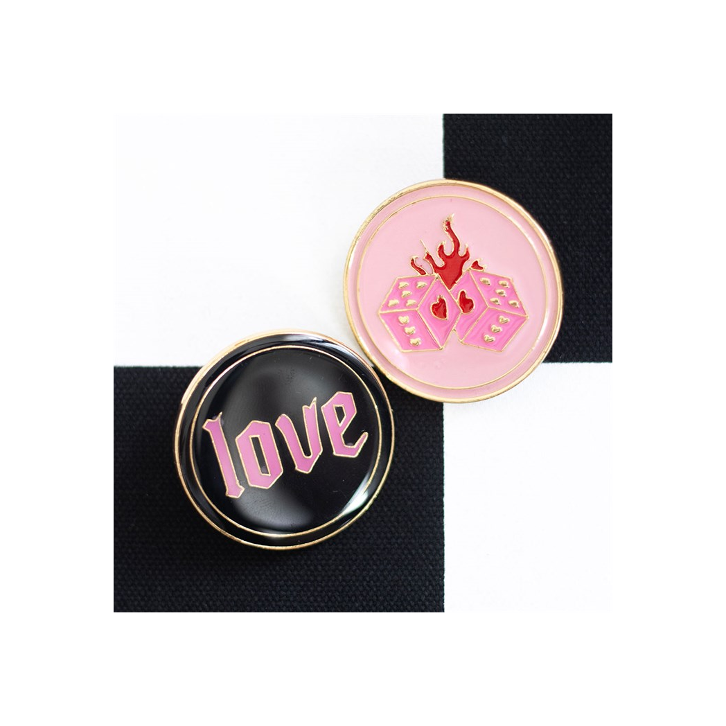 Flaming Dice and Love Pin Badge Set