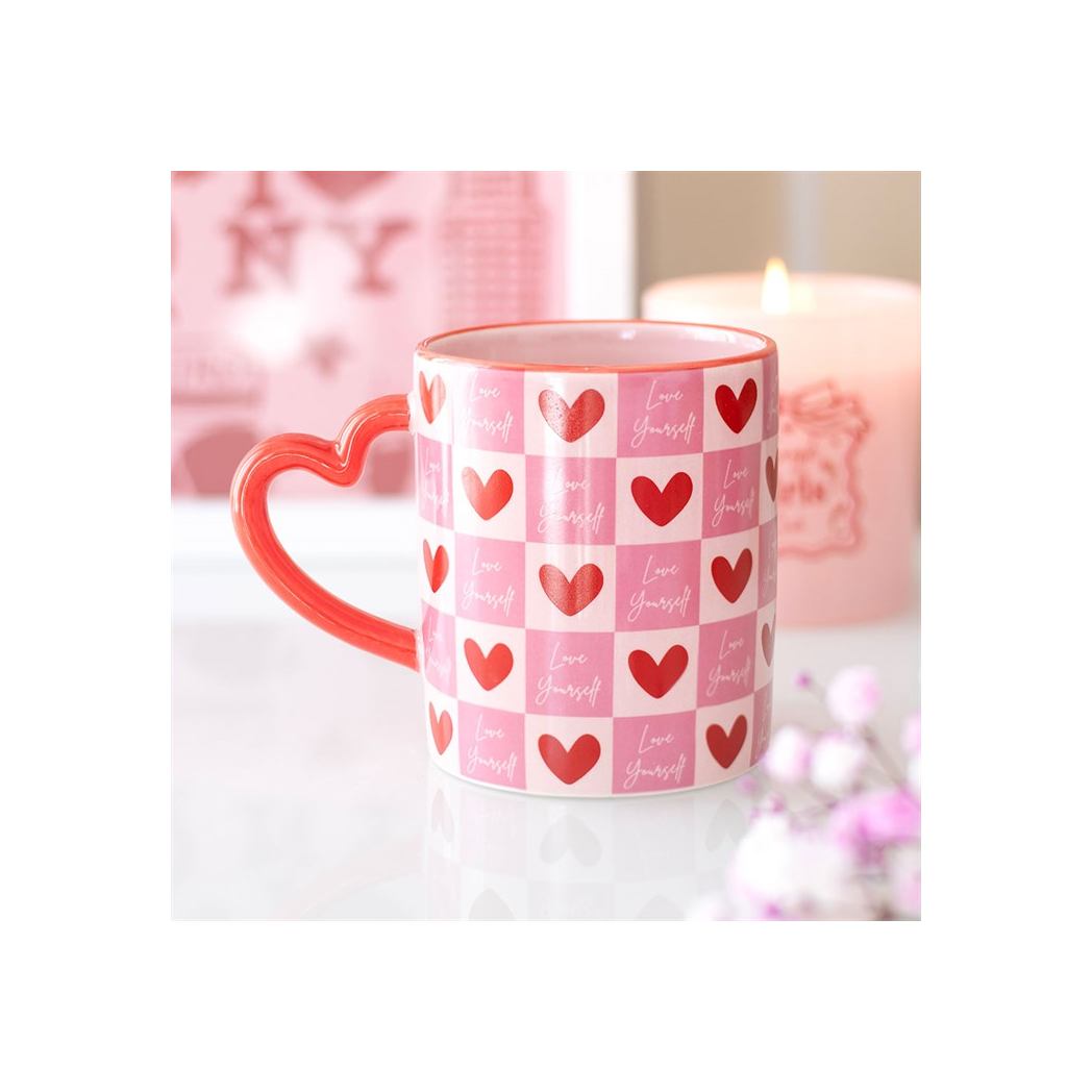 Love Yourself Checkered Mug with Heart Handle