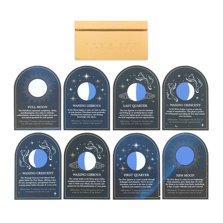 Set of 8 Moon Phase Cards with Wooden Stand