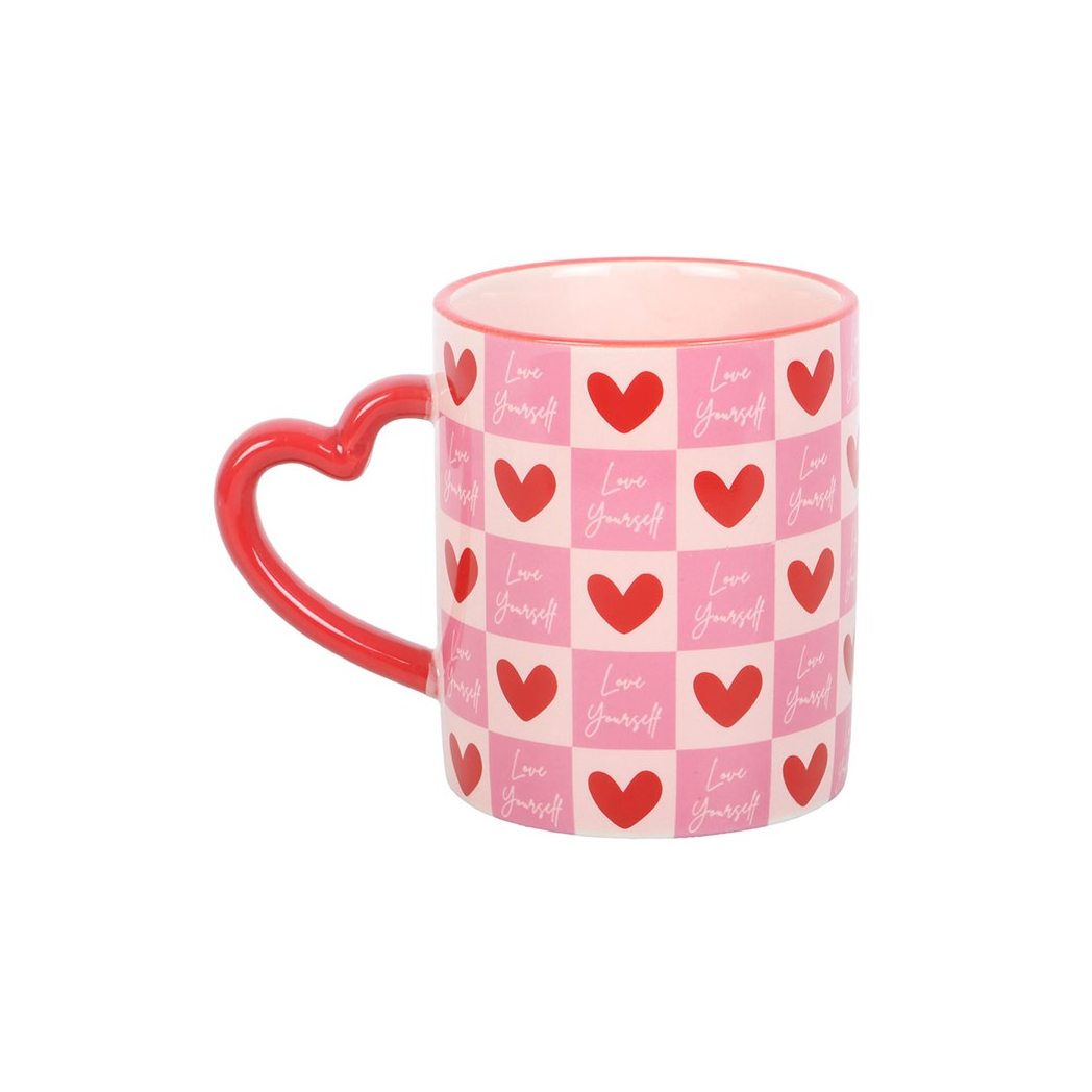 Love Yourself Checkered Mug with Heart Handle