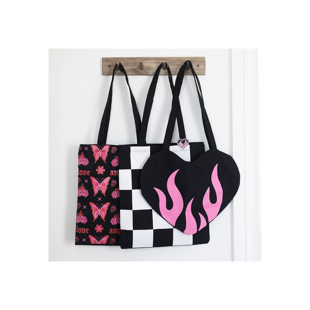 Checkerboard Print Polycotton Tote Bag with Enamel Heart Pin Badge