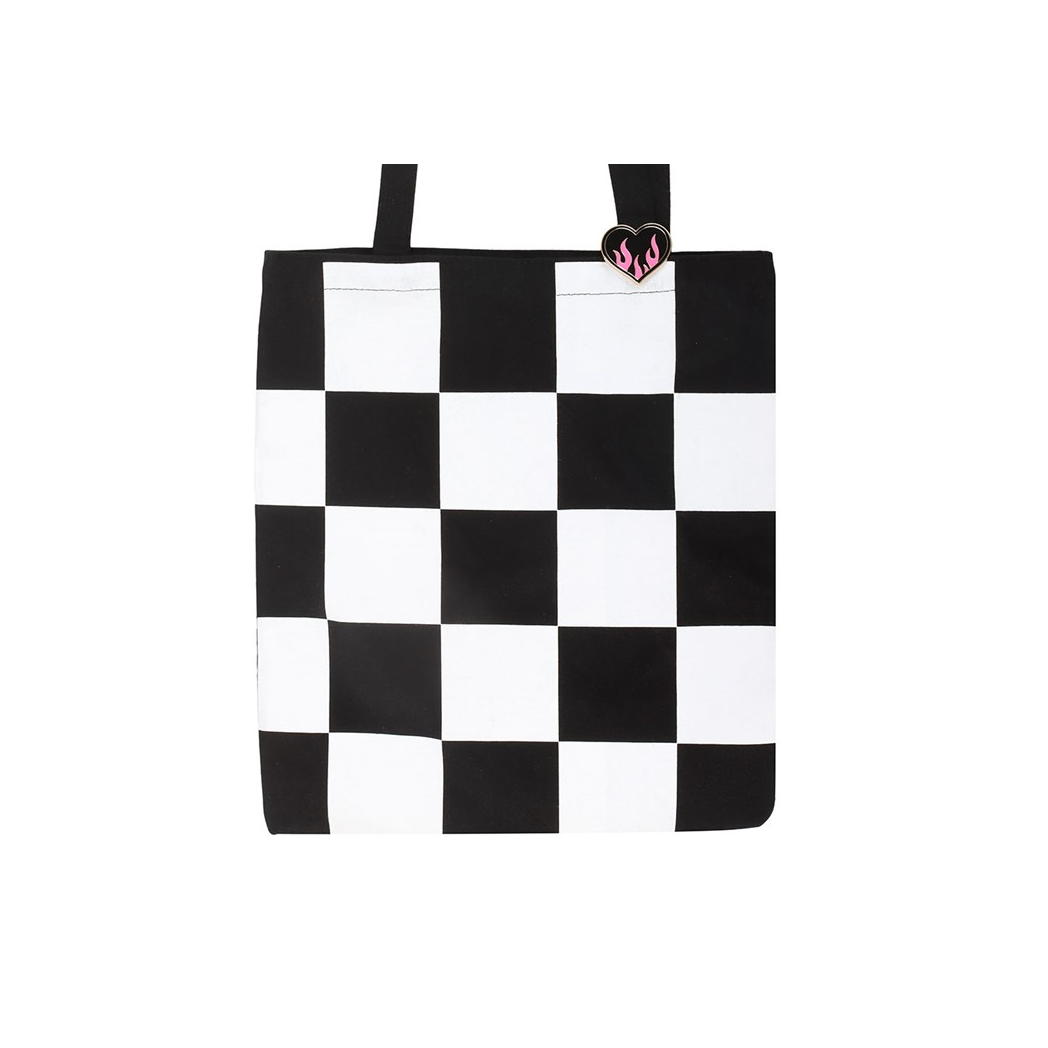 Checkerboard Print Polycotton Tote Bag with Enamel Heart Pin Badge