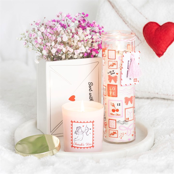 Valentine Postage Stamp Print Sparkling Rose Tube Candle