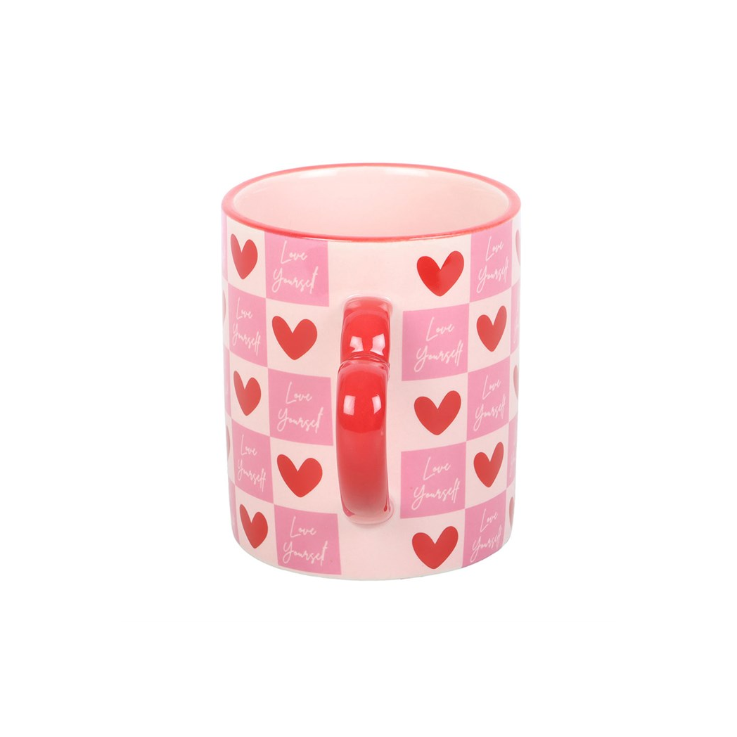 Love Yourself Checkered Mug with Heart Handle